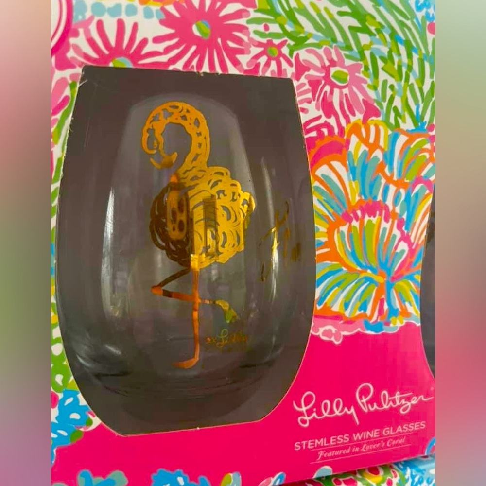 Lilly Pulitzer Set of 2 Flamingo Stemless Wine Glasses